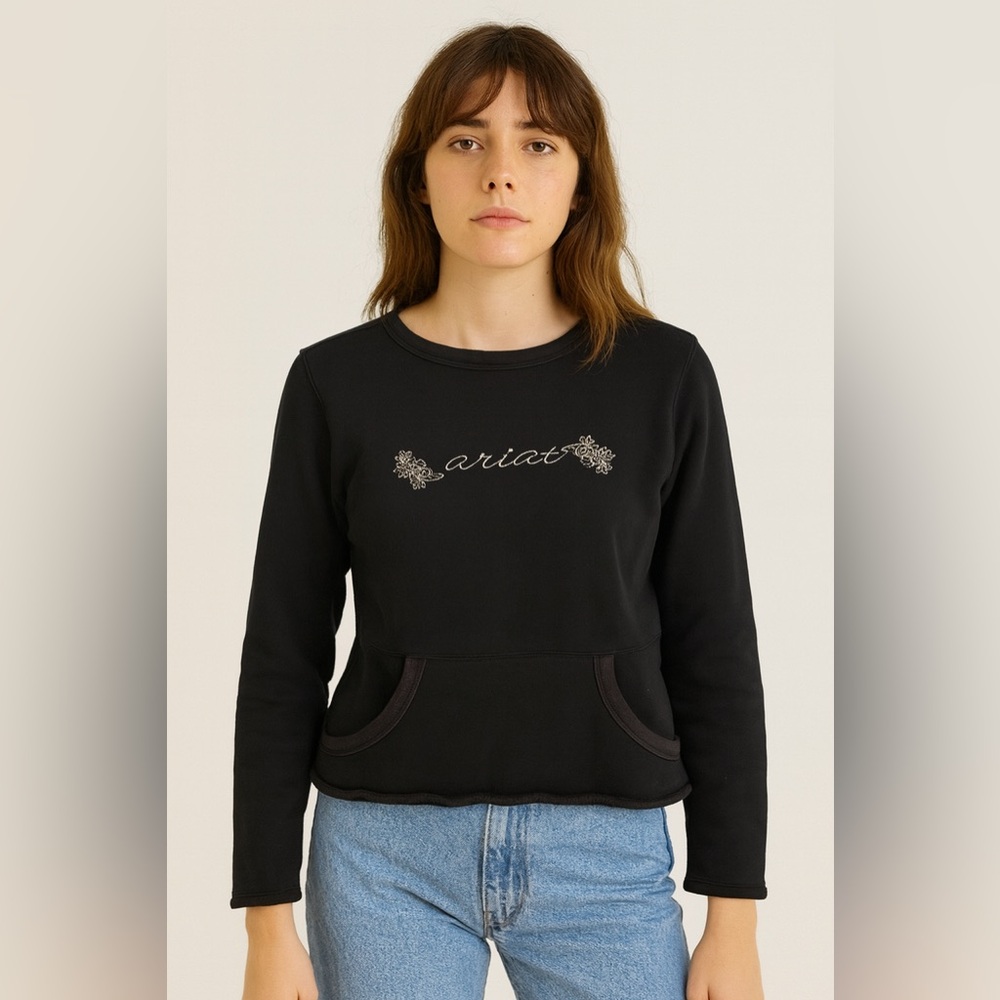 Ariat Sweatshirt Women Medium Black Faded Long Sleeve Fleece Embroidered Cropped